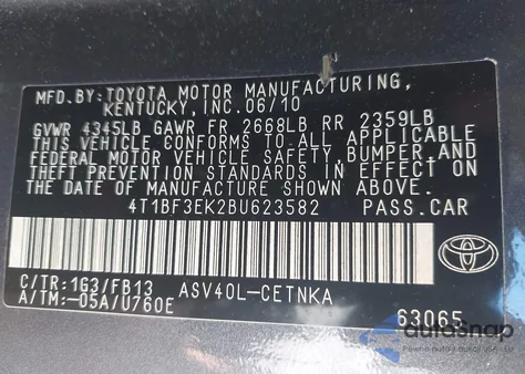 2011 Toyota Camry Le z USA, uszkodzony, nr VIN 4T1BF3EK2BU623582